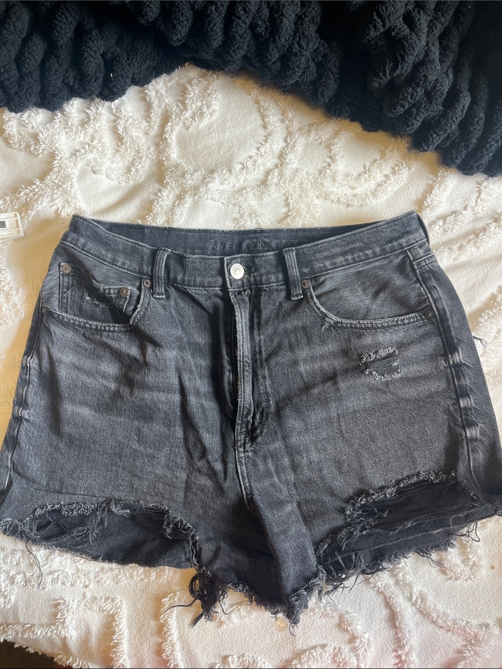 American Eagle Outfitters Black Distressed High-Rise Denim Shorts
